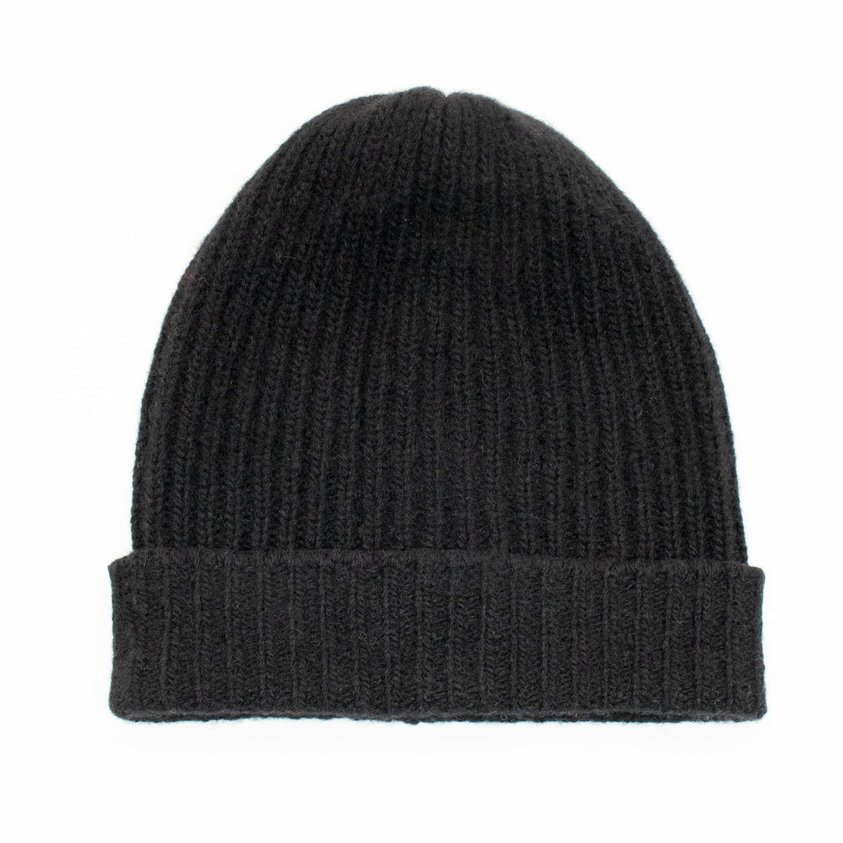 CASHMERE RIBBED HAT WITH FOLDED CUFF- BLACK