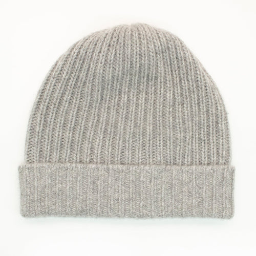 CASHMERE RIBBED HAT WITH FOLDED CUFF- LIGHT GREY