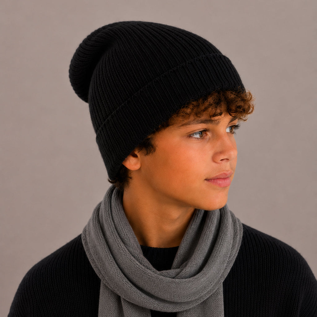 CASHMERE RIBBED HAT WITH FOLDED CUFF- BLACK