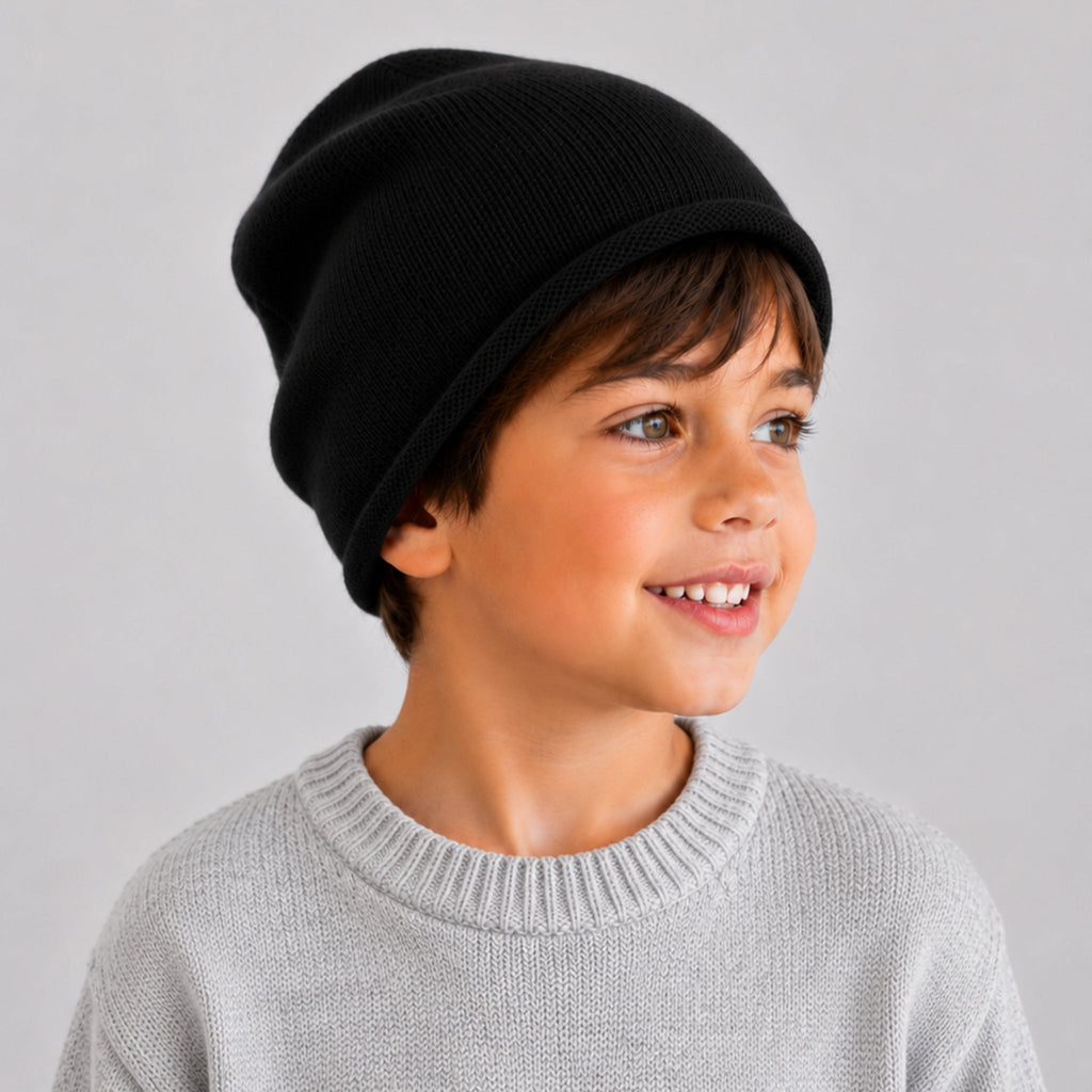 CASHMERE ROLLED CUFF HAT- BLACK