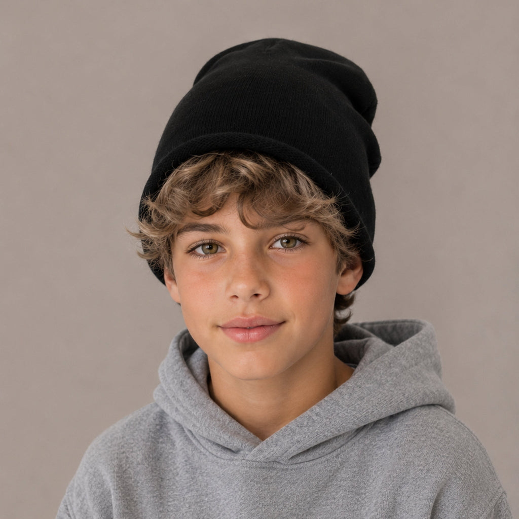 CASHMERE ROLLED CUFF HAT- BLACK