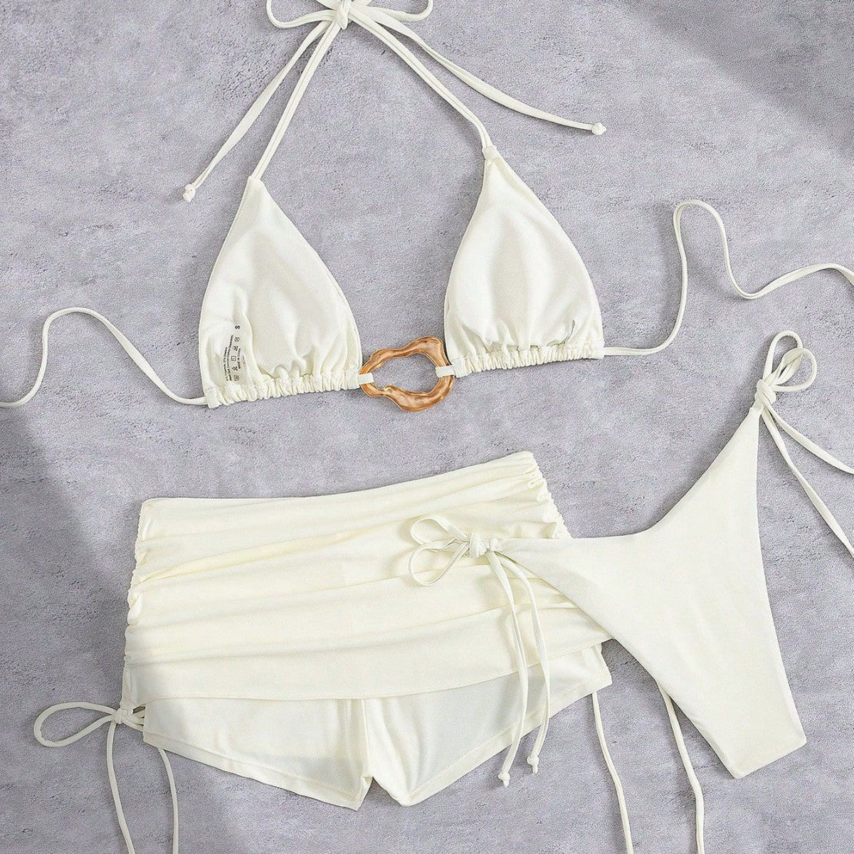 Skirt Three Piece Bikini Vintage Solid Color Strappy Swimsuit Women's Swimwear