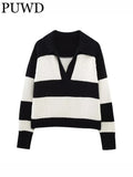 Women Fashion Black Striped Knit Sweater Spring Vintage Polo Neck Long Sleeve Female Pullovers Chic Tops