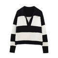 Women Fashion Black Striped Knit Sweater Spring Vintage Polo Neck Long Sleeve Female Pullovers Chic Tops