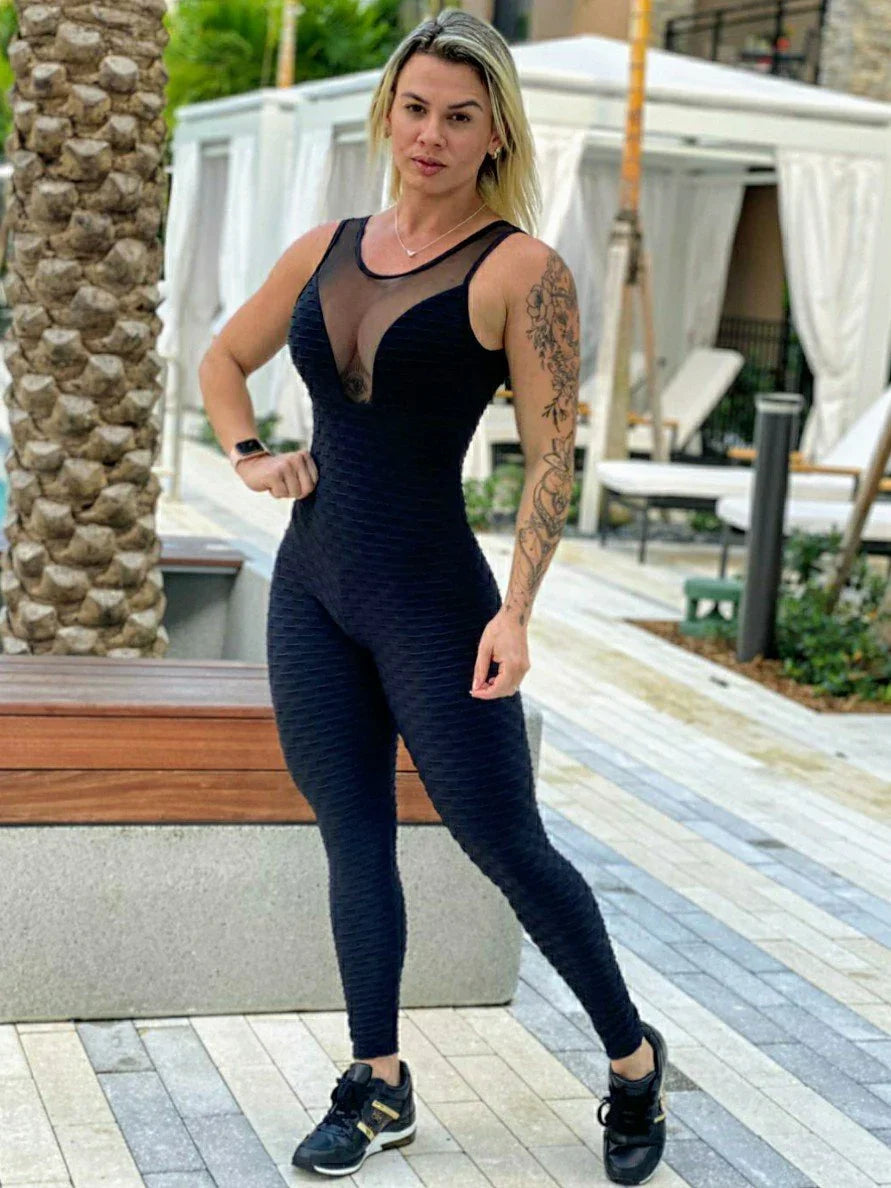 BUTT SCRUNCH CLEAVAGE BLACK TEXTURE WAVE JUMPSUIT
